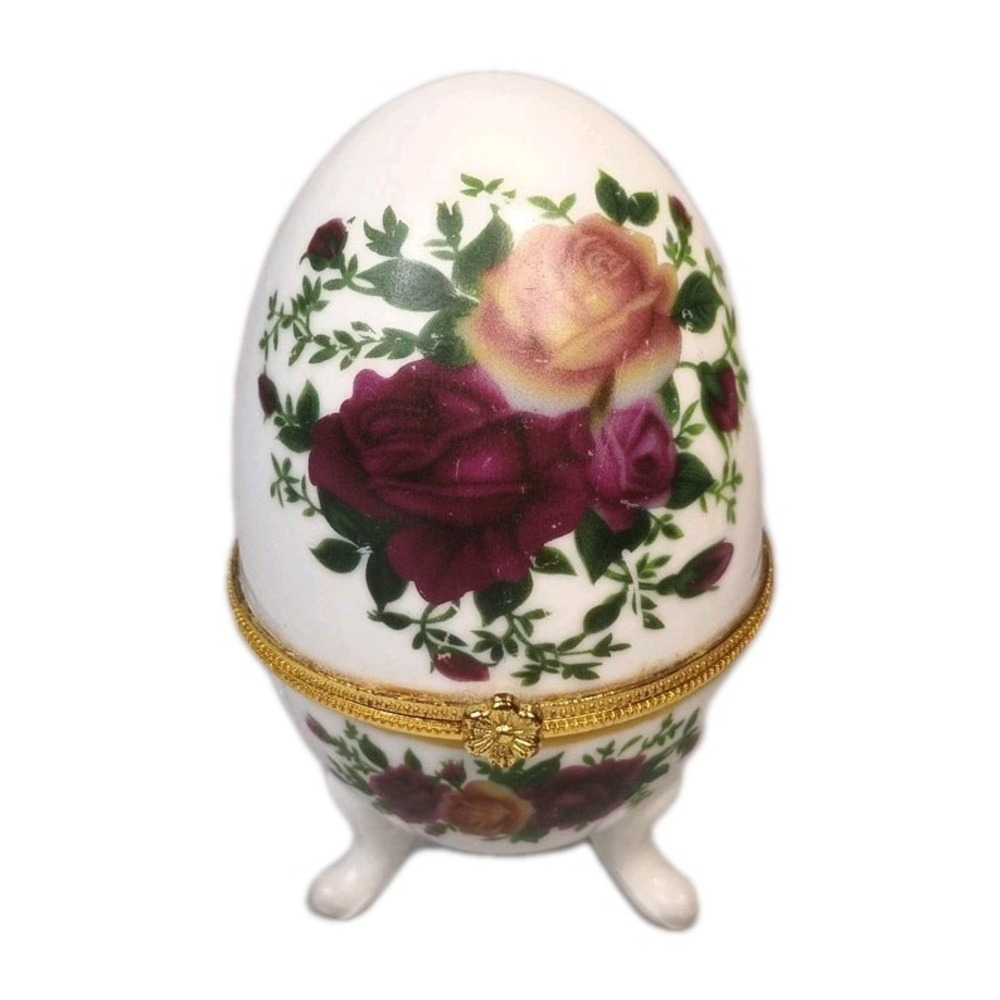 Porcelain Trinket Box Hand Painted Egg Metal Hinge Magnet Closure Floral 4" Tall